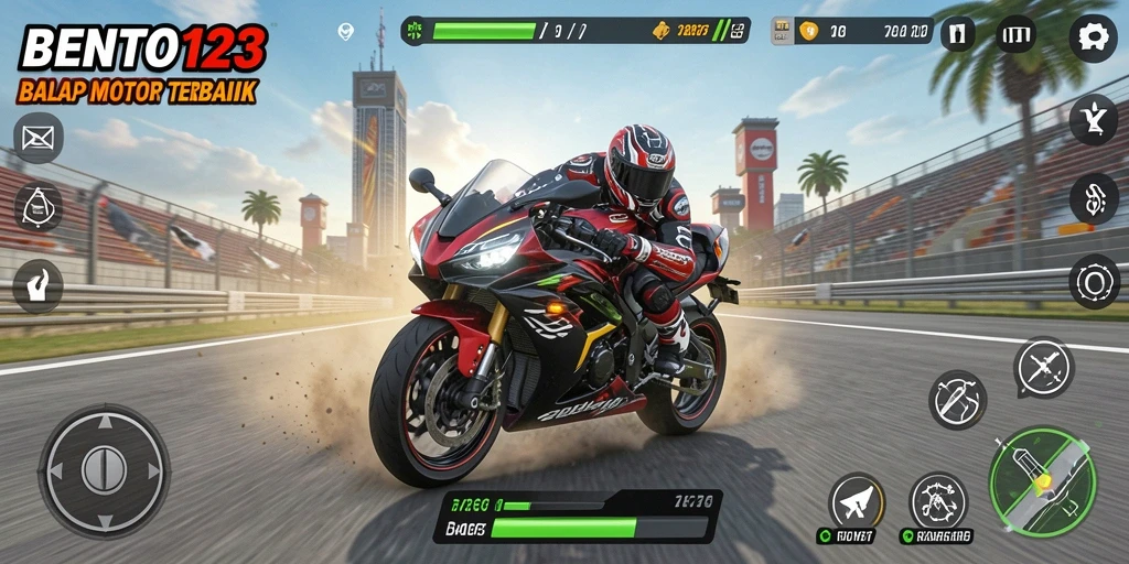 Tampilan gameplay seru dalam BENTO123 saat balapan motor.