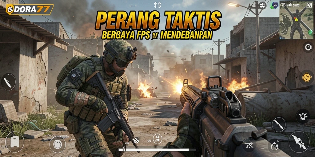 Screenshot gameplay DORA77 menampilkan pertempuran intens di medan perang FPS.