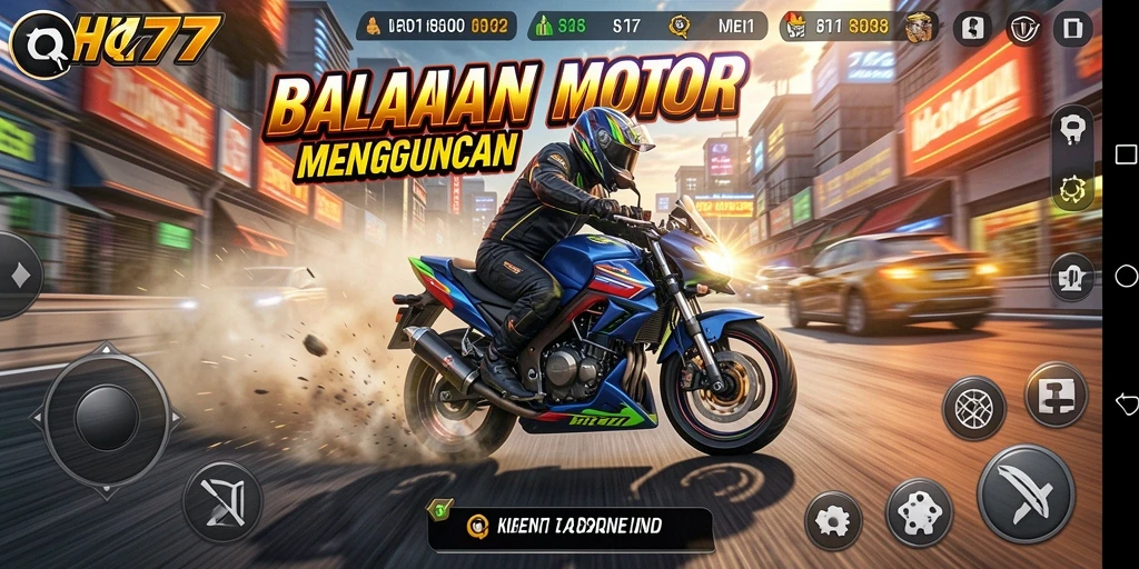 Screenshot utama HQ777 menampilkan aksi seru balapan motor.