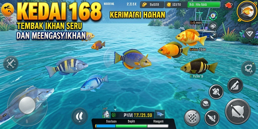 Tampilan gameplay KEDAI168 dengan aksi menembak ikan yang seru.