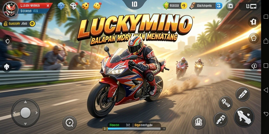 Screenshot gameplay LUCKYMINO yang menegangkan dengan aksi balapan motor.