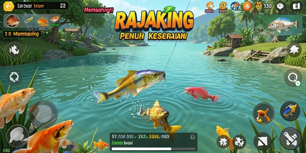 Screenshot gameplay RAJAKING menampilkan aksi memancing seru.